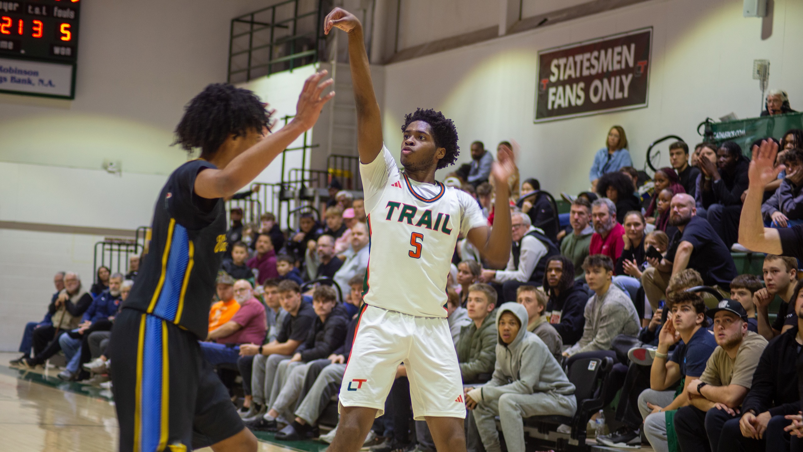 Lincoln Trail College’s Jared Jackson follows through on a shot during a Statesmen game at the LTC Sports Center.
